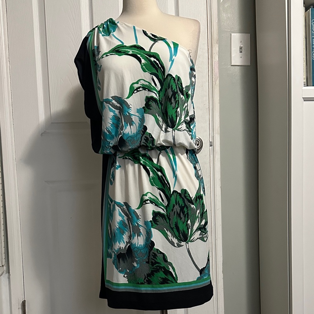 Dress Barn One-Shoulder Dress in Green and Black Floral